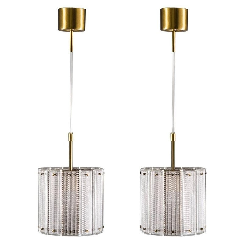 Pair of Mid-Century hanging lamps in Glass and Brass - 1960s