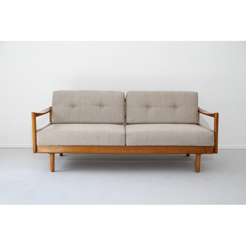 Vintage beige sofa bed in wood - 1960s 