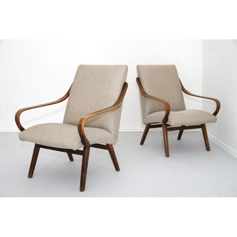 Pair of vintage beige armchairs in wood - 1960s