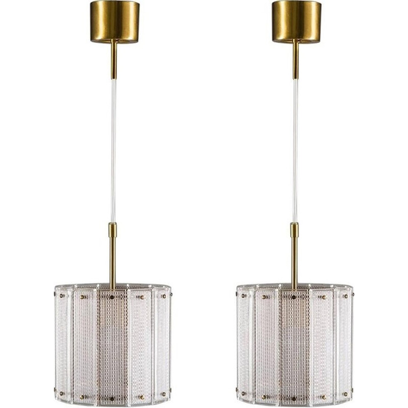 Pair of Mid-Century hanging lamps in Glass and Brass - 1960s
