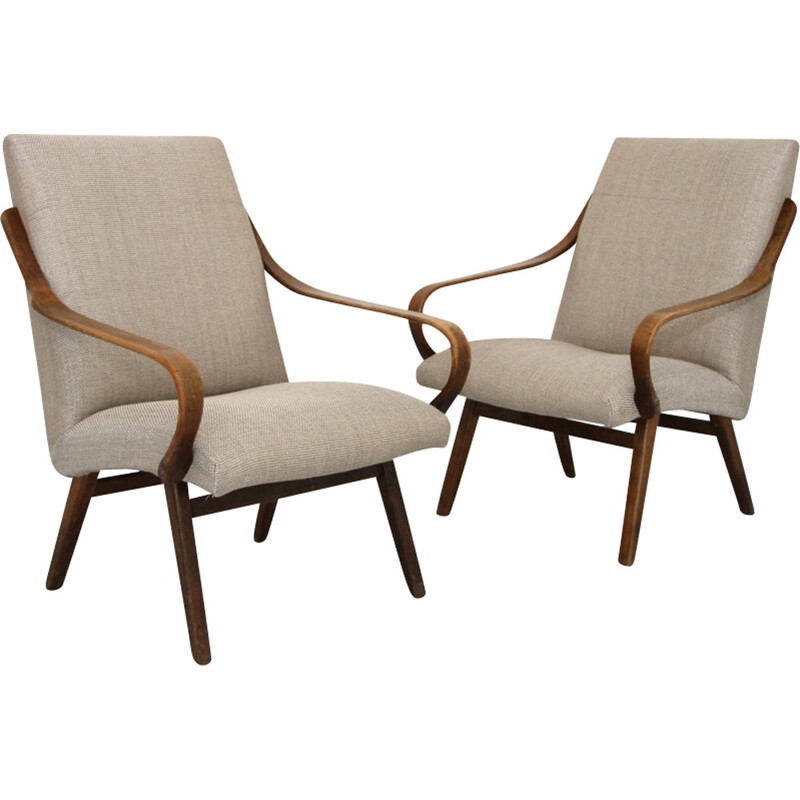 Pair of vintage beige armchairs in wood - 1960s