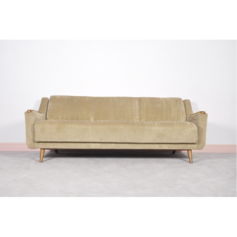 Canapé-lit vintage danois beige et accoudoirs chêne - 1960 
