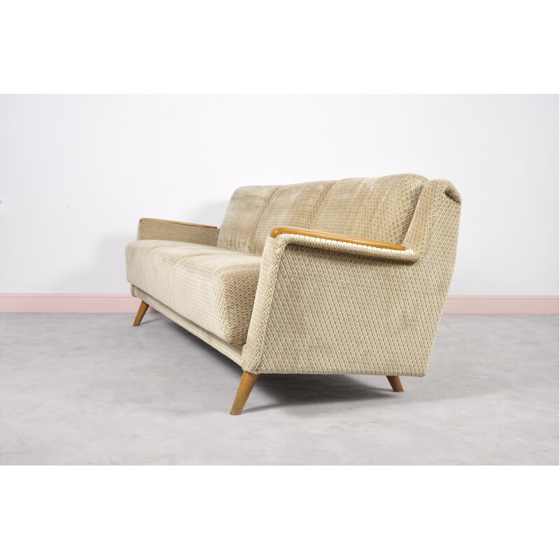 Mid-century Danish beige sofa bed with oak armchairs - 1960s