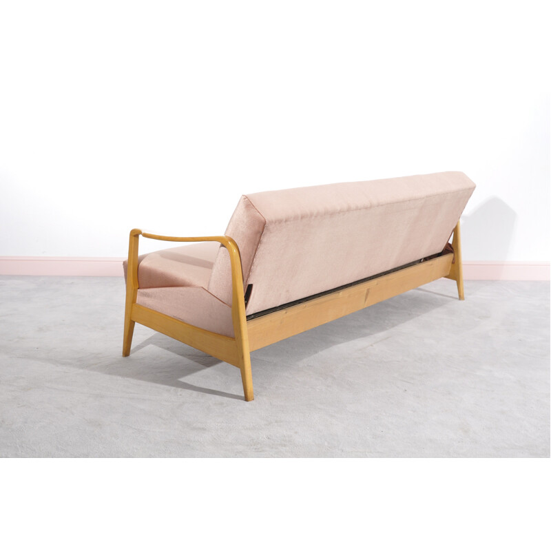 Danish convertible Pink 3 Seater Sofa - 1950s