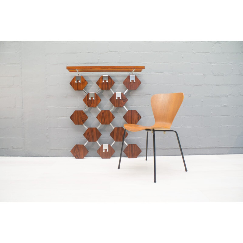 Honeycomb-Shaped Rosewood Veneered Wall Coat Rack - 1970s