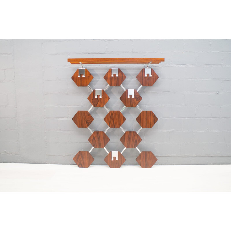 Honeycomb-Shaped Rosewood Veneered Wall Coat Rack - 1970s