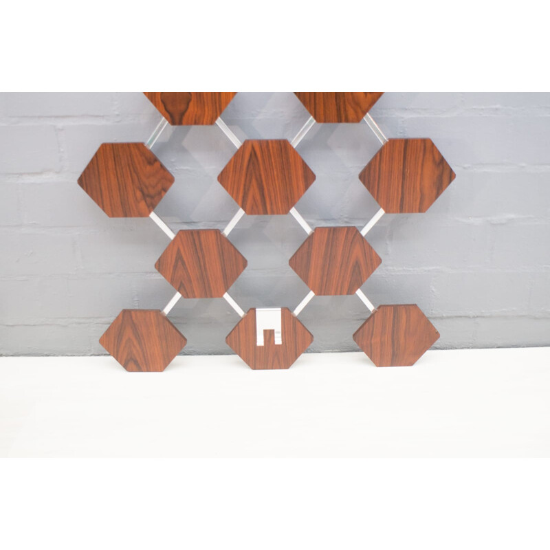 Honeycomb-Shaped Rosewood Veneered Wall Coat Rack - 1970s