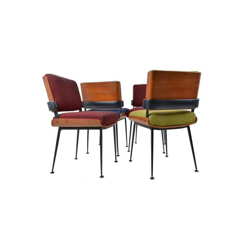 Set of 4 blue, green and bordeaux chairs by Alain Richard - 1960s