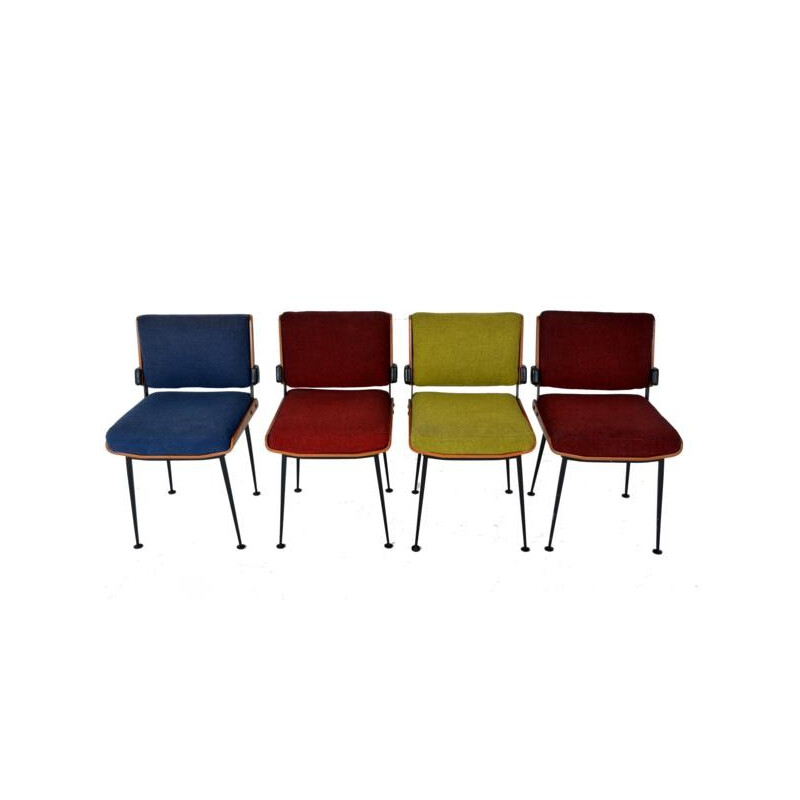 Set of 4 blue, green and bordeaux chairs by Alain Richard - 1960s