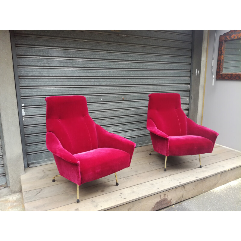 Pair of velvet pink armchairs by Guy Besnard - 1960s
