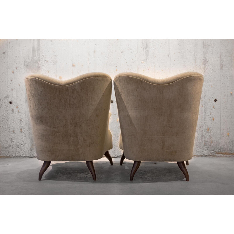 Pair of almond green velvet armchairs - 1980s