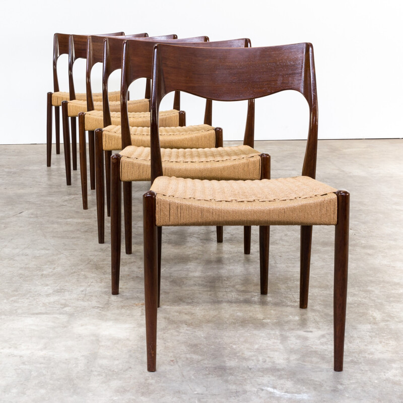 Set of 6 dining chairs in rosewood and rope - 1960s