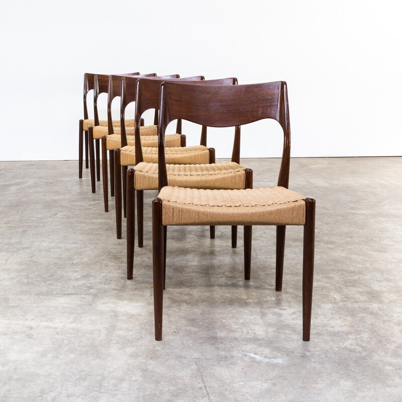 Set of 6 dining chairs in rosewood and rope - 1960s