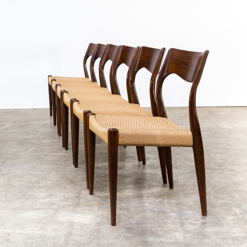 Set of 6 dining chairs in rosewood and rope - 1960s