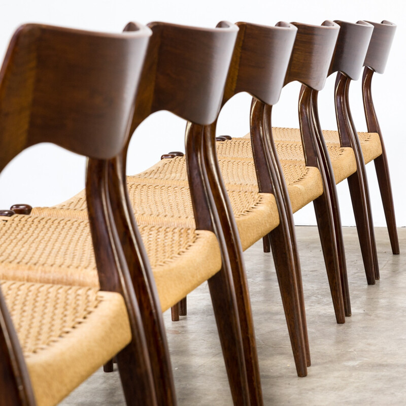 Set of 6 dining chairs in rosewood and rope - 1960s