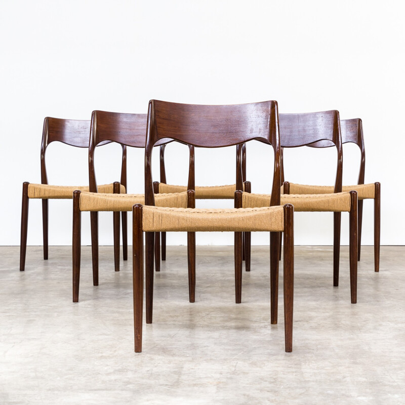 Set of 6 dining chairs in rosewood and rope - 1960s