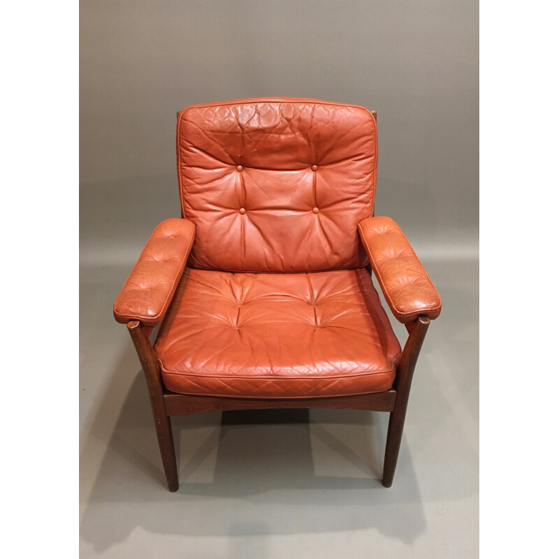 Rosewood and leather Scandinavian armchair - 1950s