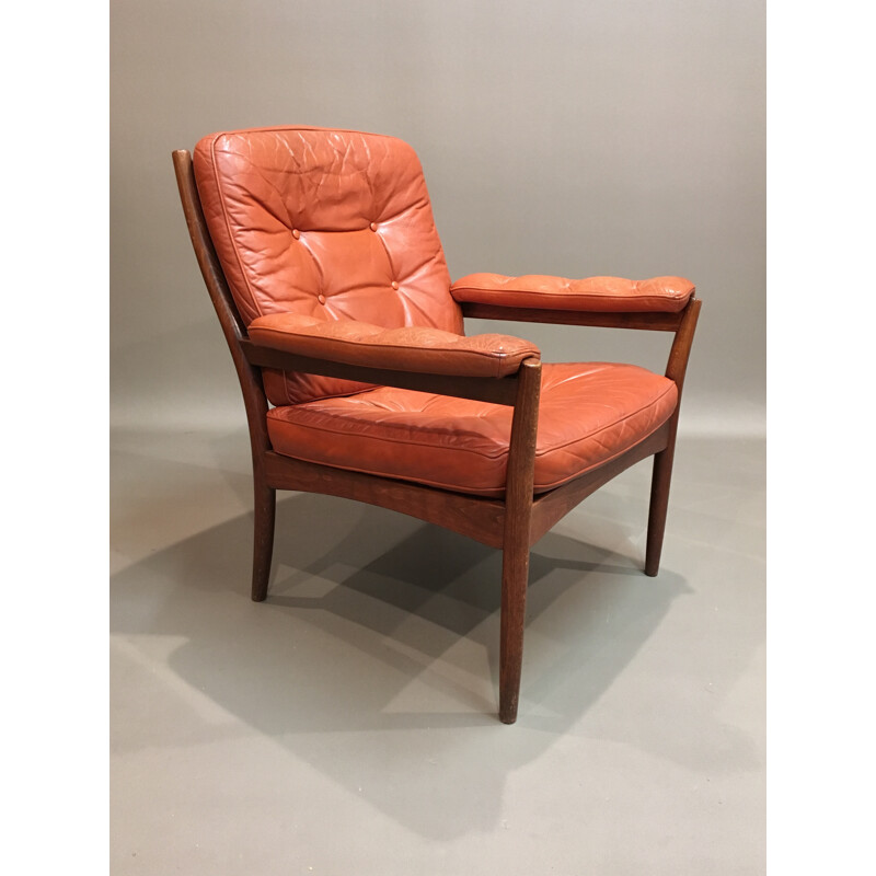 Rosewood and leather Scandinavian armchair - 1950s