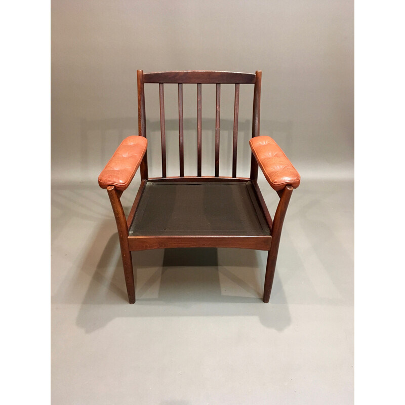 Fauteuil scandinave en palissandre et en cuir marron - 1950