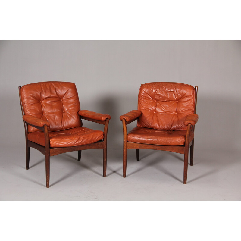 Fauteuil scandinave en palissandre et en cuir marron - 1950