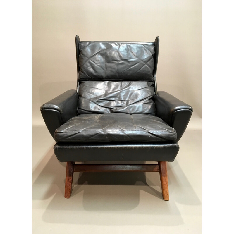Fauteuil scandinave en palissandre et en cuir noir - 1950