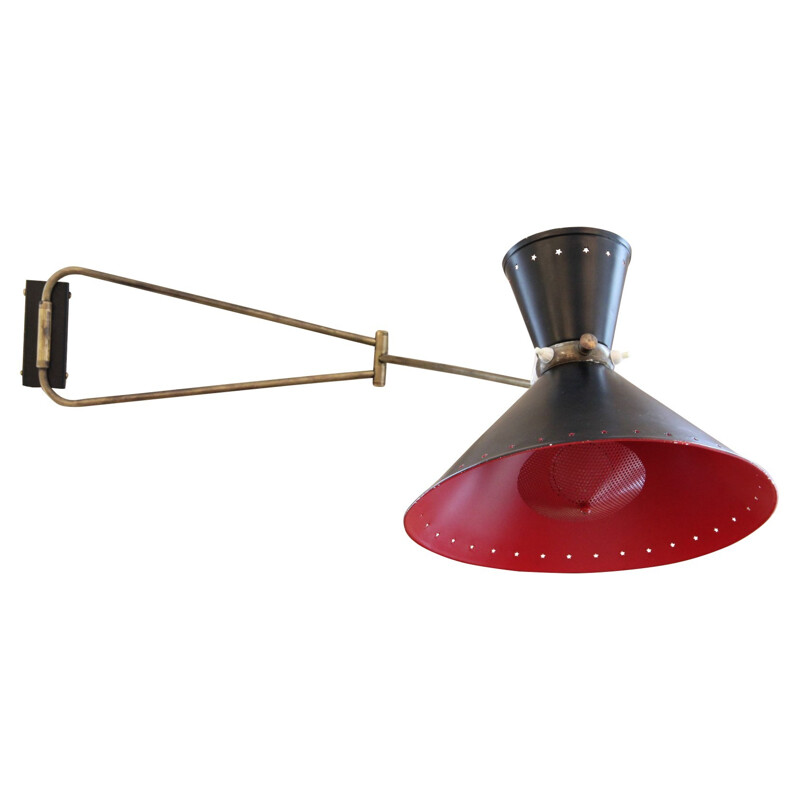 Vintage diabolo wall lamp in black and red lacquered metal by Lunel, 1950