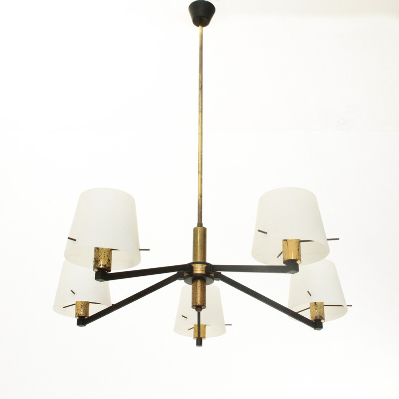 Italian brass and opaline glass ceiling lamp - 1950s