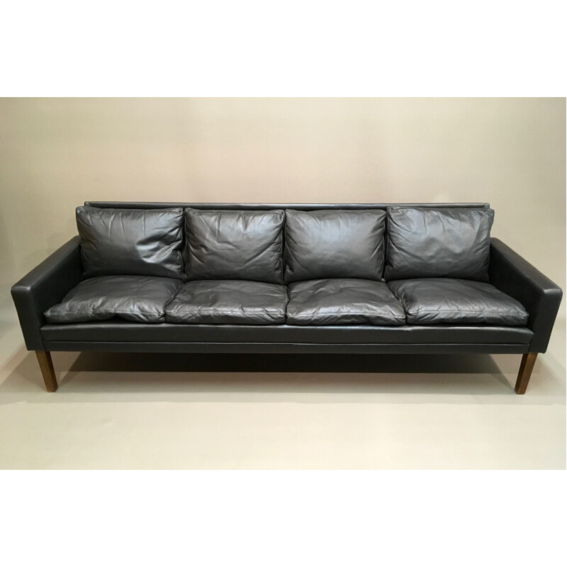Vintage 4-seater black leather sofa - 1960s