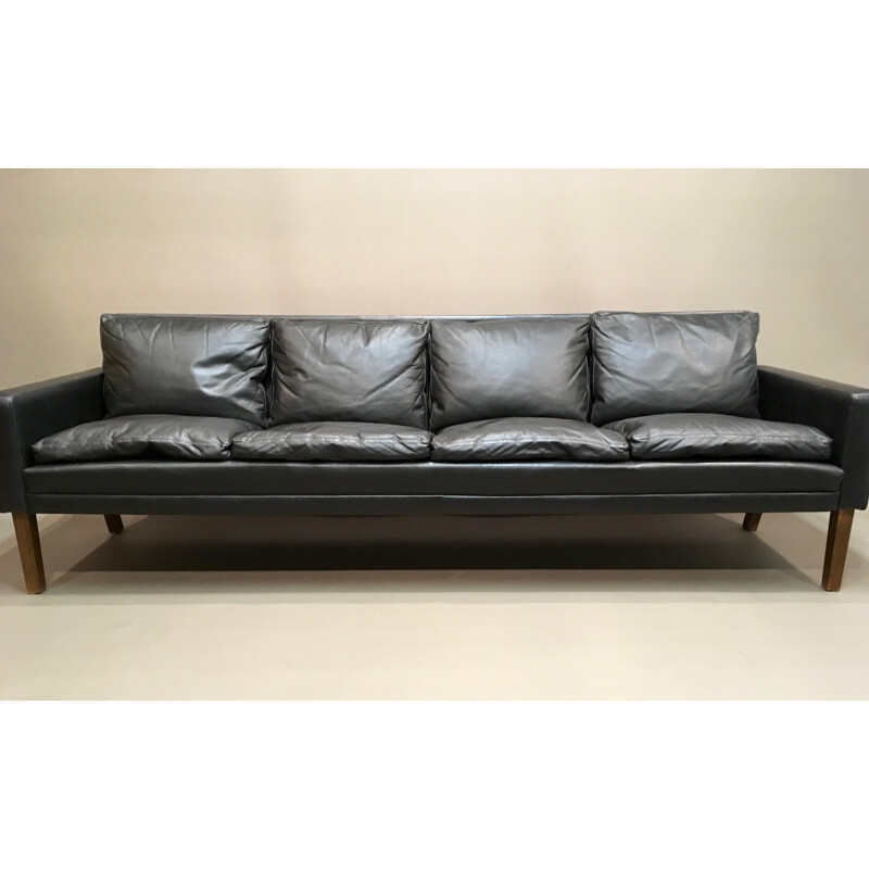 Vintage 4-seater black leather sofa - 1960s