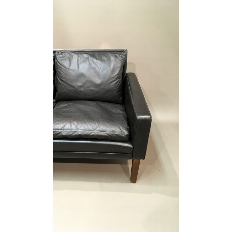 Vintage 4-seater black leather sofa - 1960s