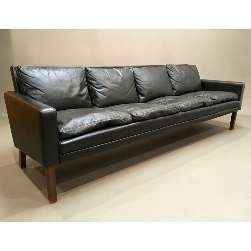 Vintage 4-seater black leather sofa - 1960s