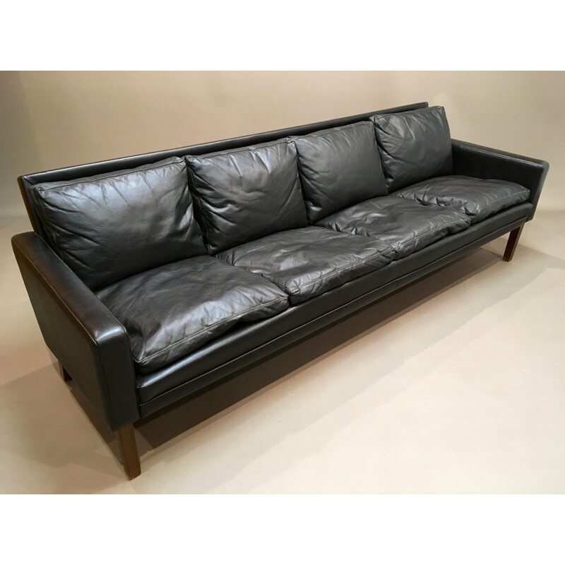 Vintage 4-seater black leather sofa - 1960s