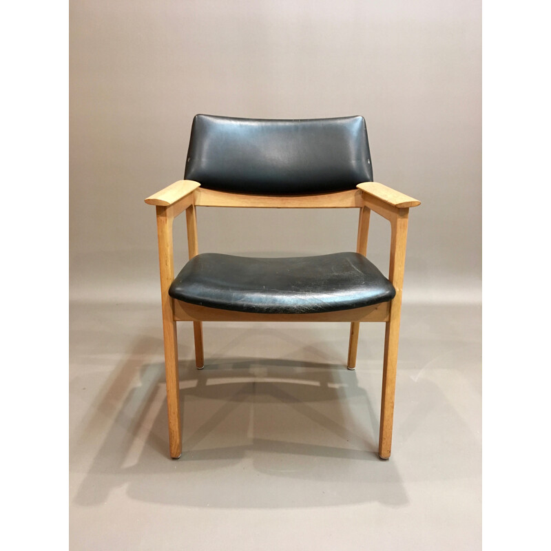 Black leather scandinavian armchair - 1950s