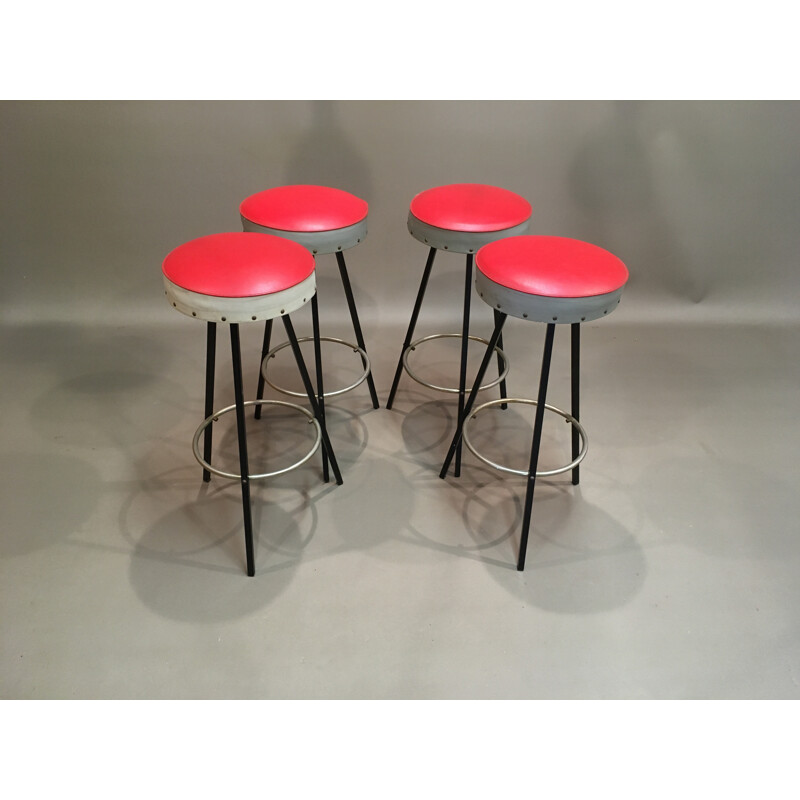 Set of 4 vintage red stools - 1950s