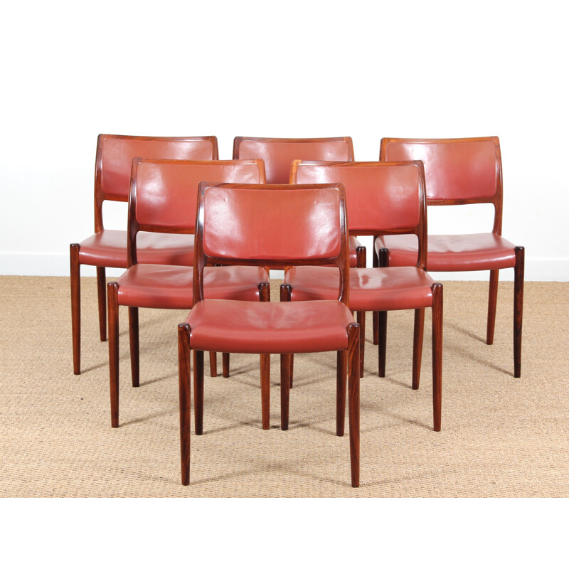 Set of 6 Rio rosewood chairs 80 model de Niels Møller - 1960s