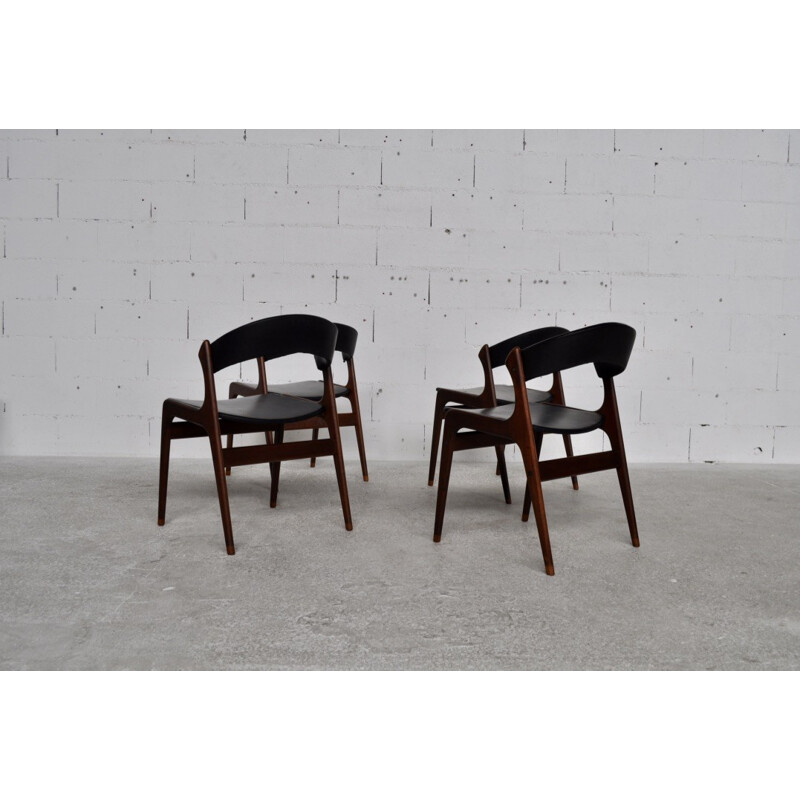 Set of 4 Scandinavian chairs in teak and leatherette - 1960s