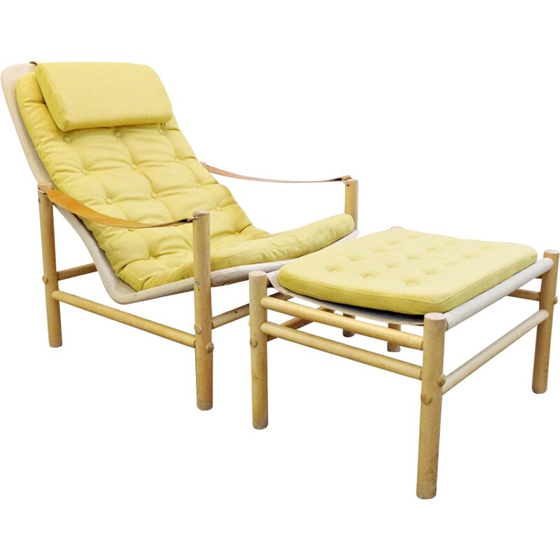 Fauteuil avec ottoman vintage jaune par Dux - 1960