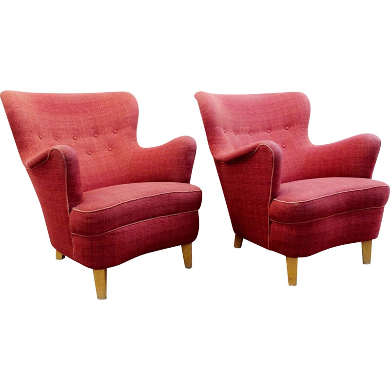 Pair of pink armchairs by Carl Malmsten for Sjogren - 1960s