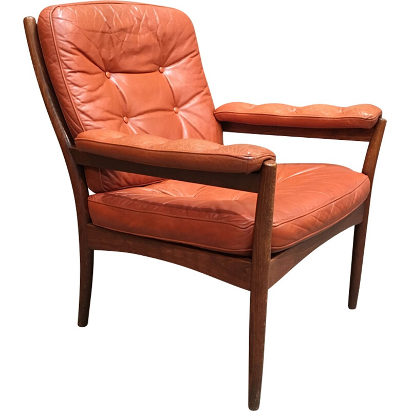 Rosewood and leather Scandinavian armchair - 1950s