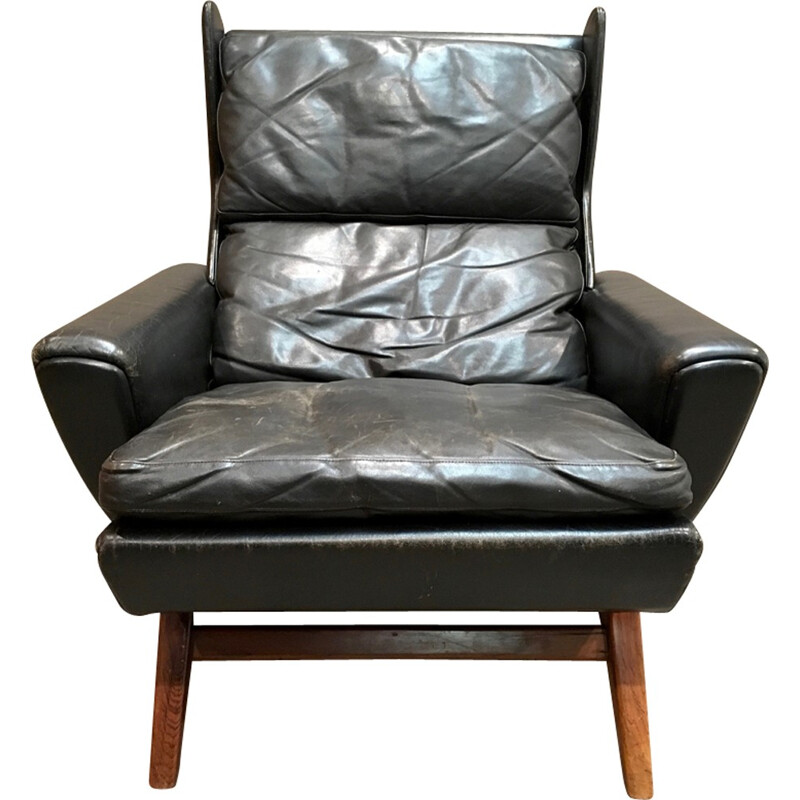 Rosewood and black leather Scandinavian armchair - 1950s