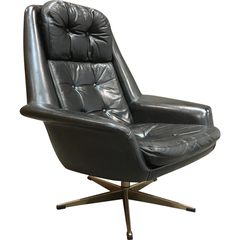 Fauteuil pivotant scandinave en cuir - 1950