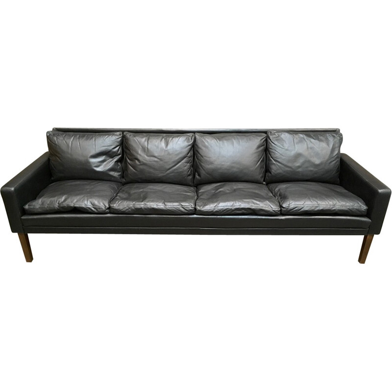 Vintage 4-seater black leather sofa - 1960s