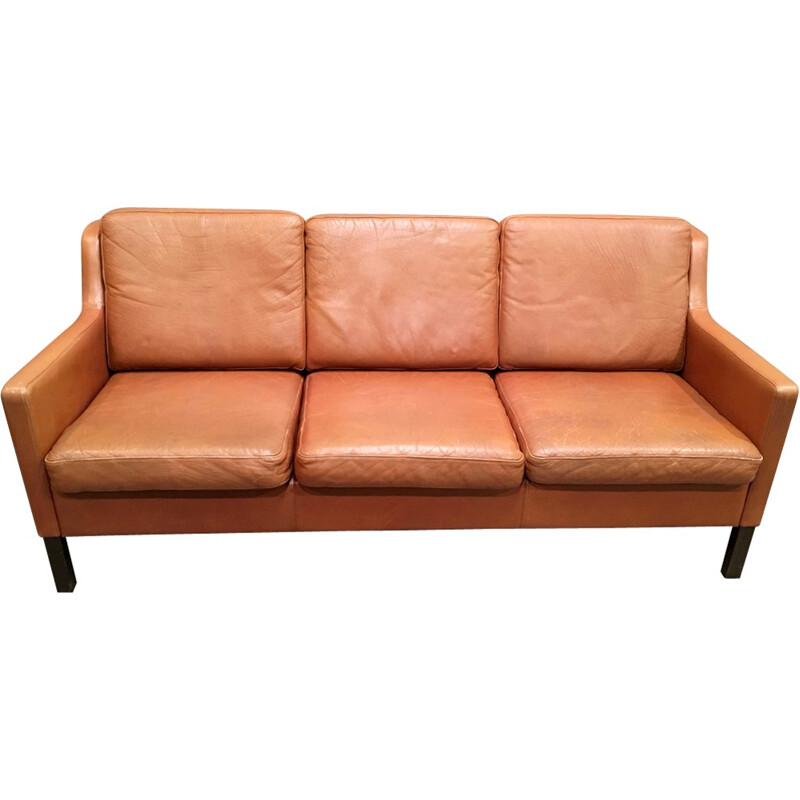 Vintage scandinavian 3-seater sofa in cognac leather - 1970s