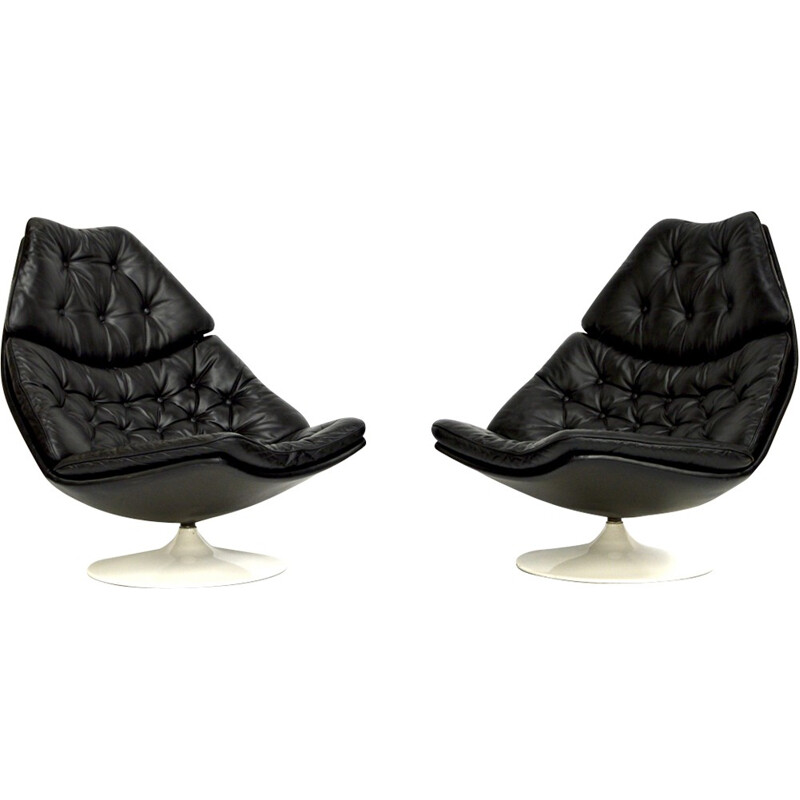 Pair of swivel chairs in black leather by Geoffrey Harcourt - 1960s