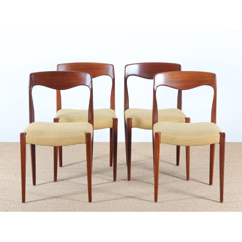 Set of 4 Scandinavian teak chairs in yellow fabric - 1950s