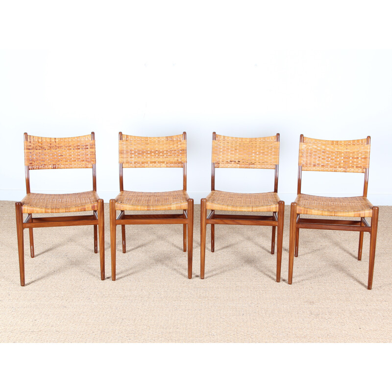 Suite de 4 chaises scandinaves en teck et cannage de Aksel Bender Madsen - 1950