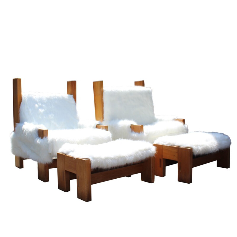 Pair of armchairs with its ottoman in wood and white fabric - 1960s