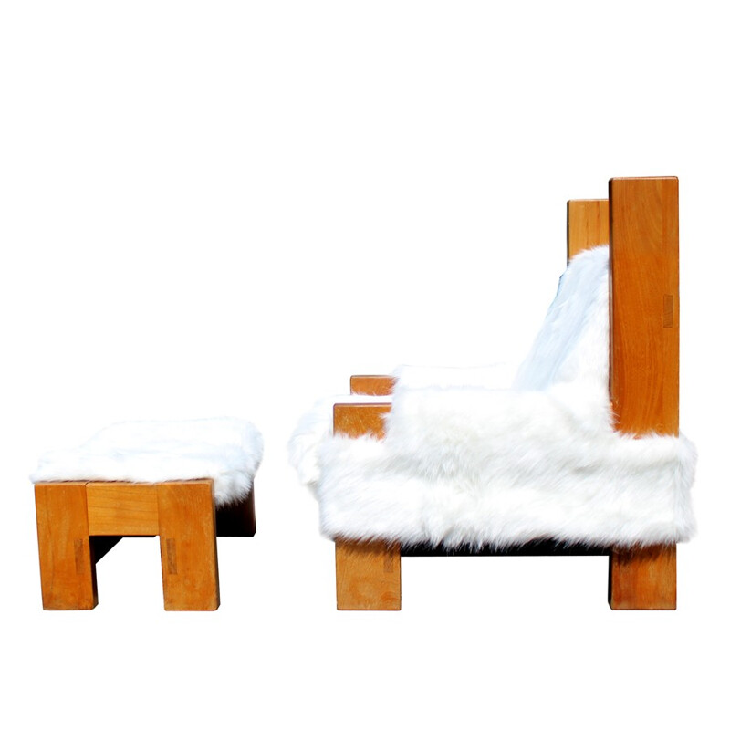 Paire de fauteuils avec ottoman en bois et en tissu blanc - 1960