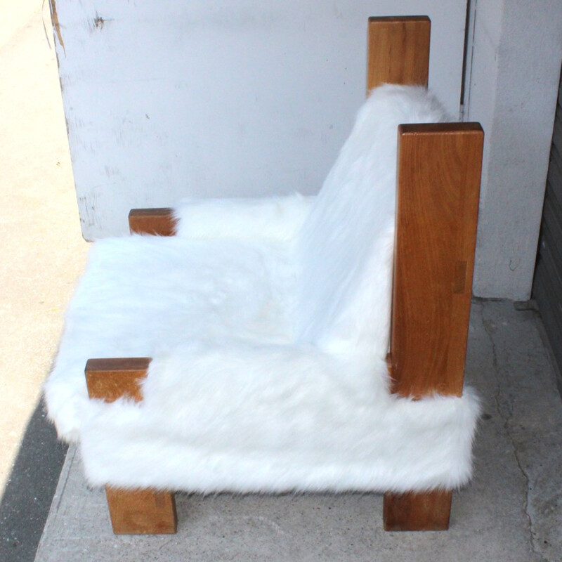 Paire de fauteuils avec ottoman en bois et en tissu blanc - 1960