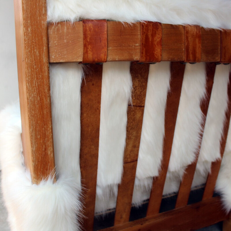 Paire de fauteuils avec ottoman en bois et en tissu blanc - 1960